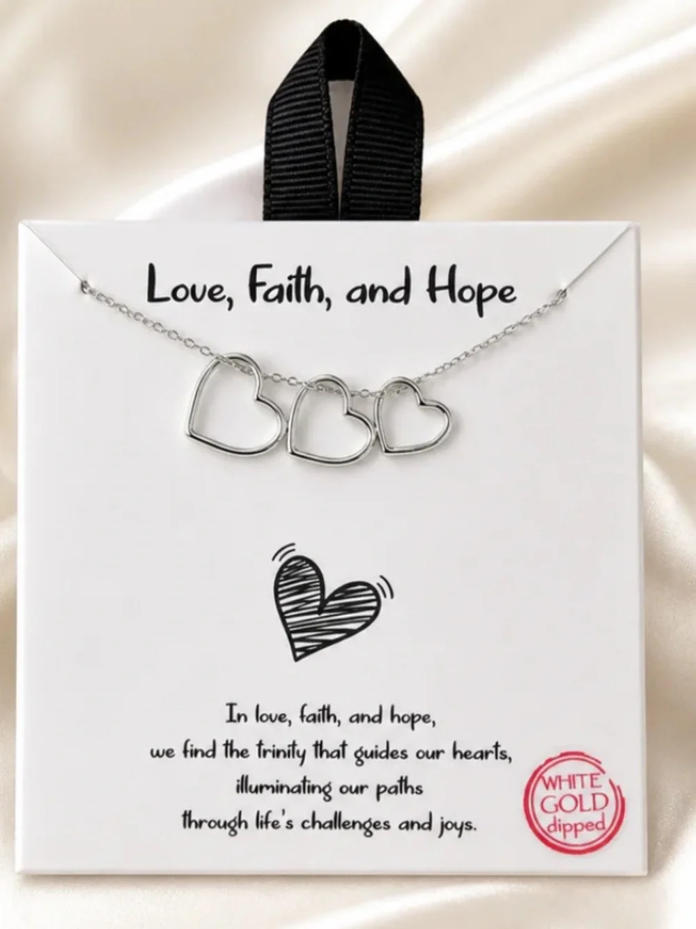 18K White Gold Dipped “Love, Faith & Hope”Triple Heart Necklace